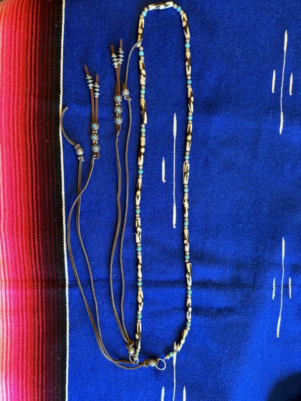 Hand-Painted Bone & Turquoise Beaded Belt with Leather Ties