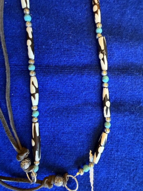 Hand-Painted Bone & Turquoise Beaded Belt with Leather Ties - Image 2